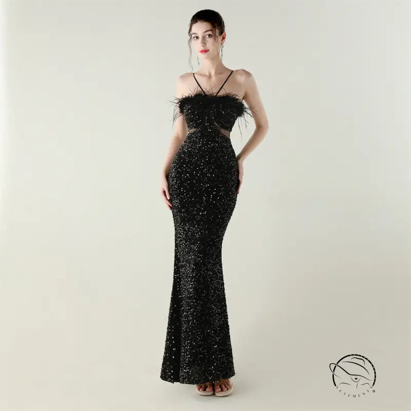 Black sequined mermaid langry evening dress with ostrich feather accents