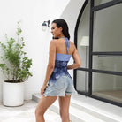 Slim fit langry halterneck vest in blue pattern with denim shorts