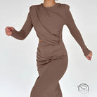 Elegant brown draped long-sleeve dress for enchanting night out fashion