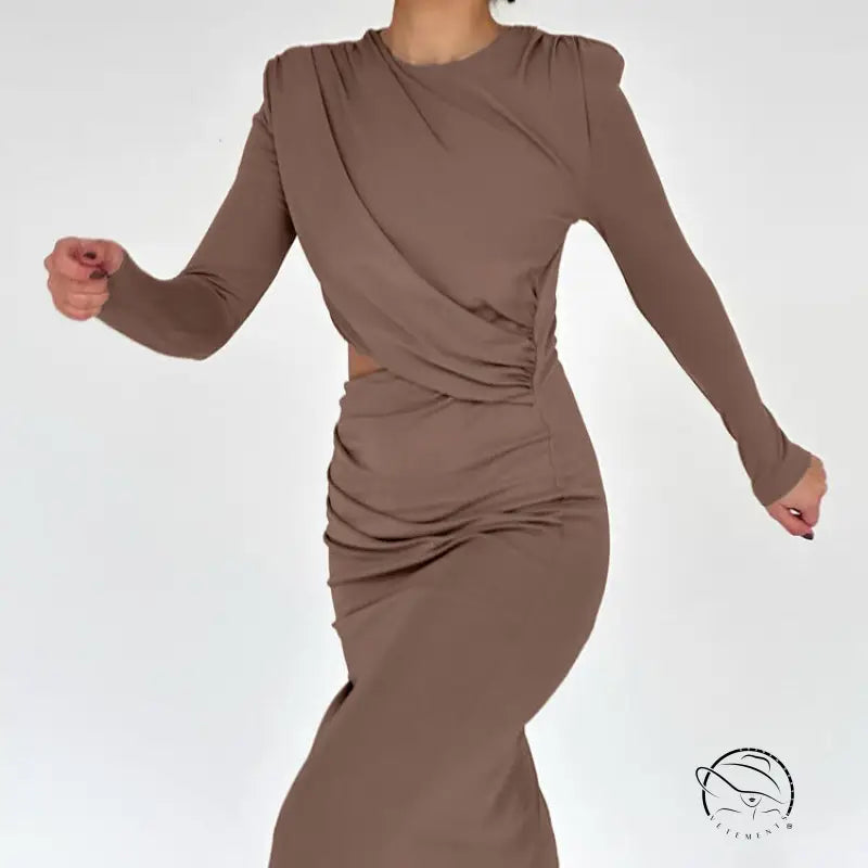 Elegant brown draped long-sleeve dress for enchanting night out fashion
