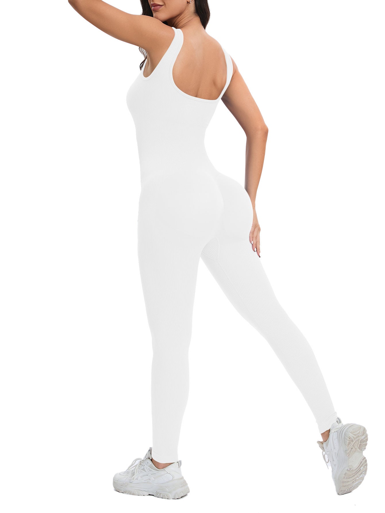 Breathable langry seamless knitted peach hip slim fit white backless jumpsuit