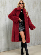 Long warm faux fur plush coat in deep red, luxurious fashion