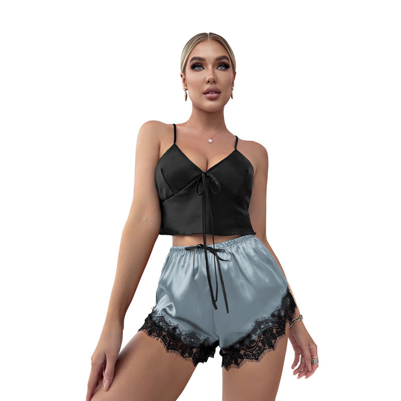 Langry fashion ملابس: grey satin lace trim shorts with black drawstring waistband