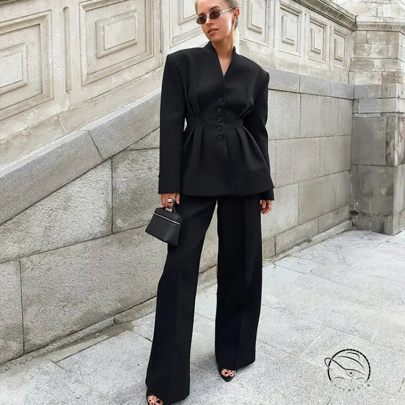High Grade Pleated Waist Tight Blazer Trousers Two Piece Set