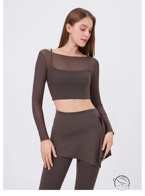 Sleek faux two piece mesh sports long sleeve cropped top in dark brown