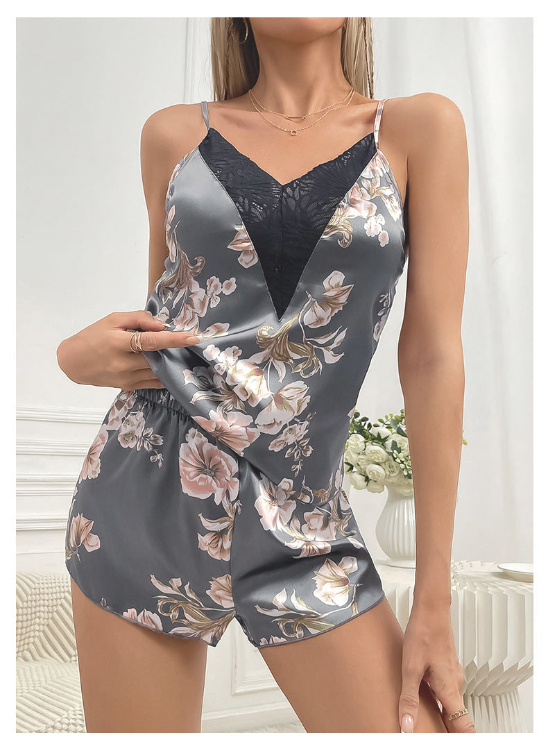 Elegant gray satin romper with floral lace trim in pink and cream, langry fashion pajamas