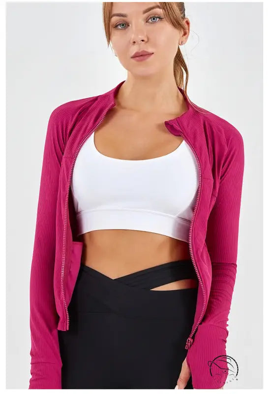 Fuchsia ribbed long-sleeve slim fit yoga jacket with stand-up collar