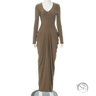Elegant taupe langry fashion evening gown with draped sides and V-neckline