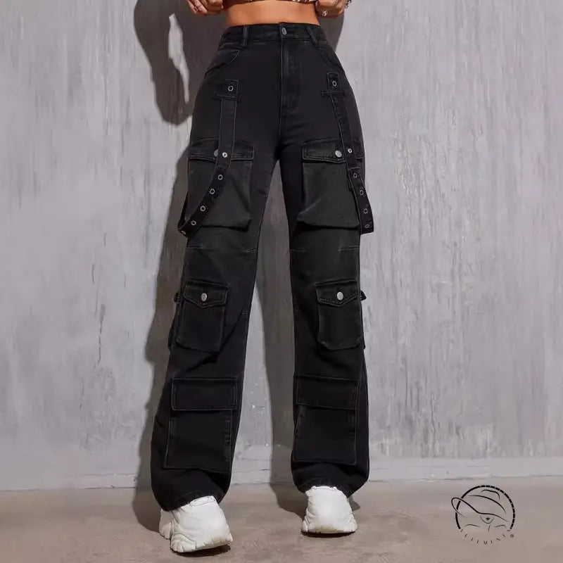 Trend hip hop black denim high elastic cargo pants with pockets