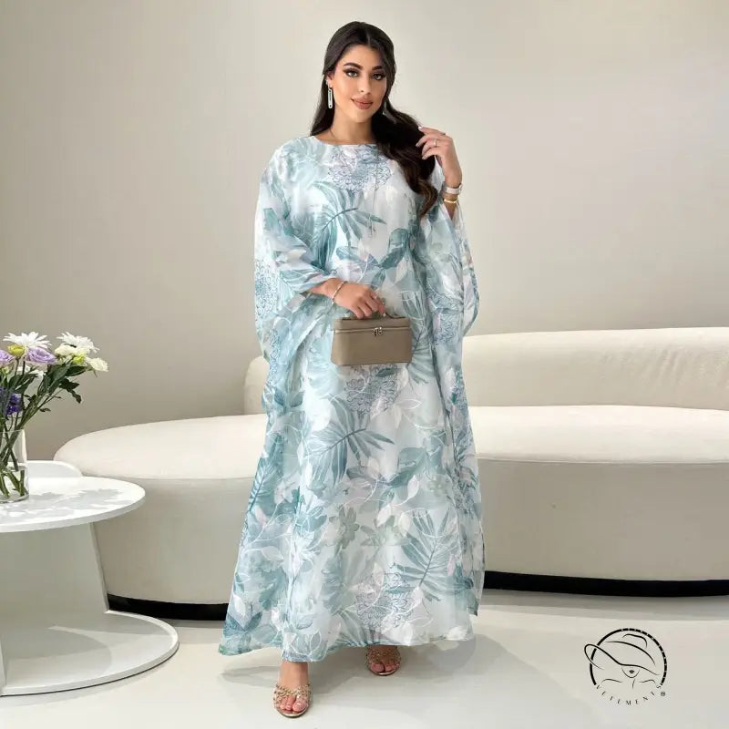 Light blue floral langry maxi dress with embroidered batwing sleeves