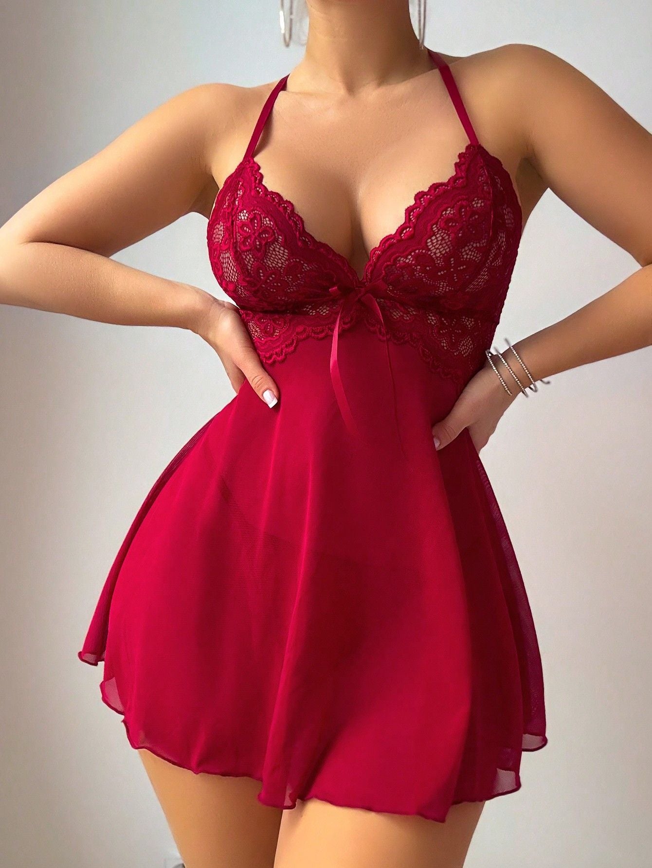 Button Strap Lingerie Lace Pleated Hem Underwear Set