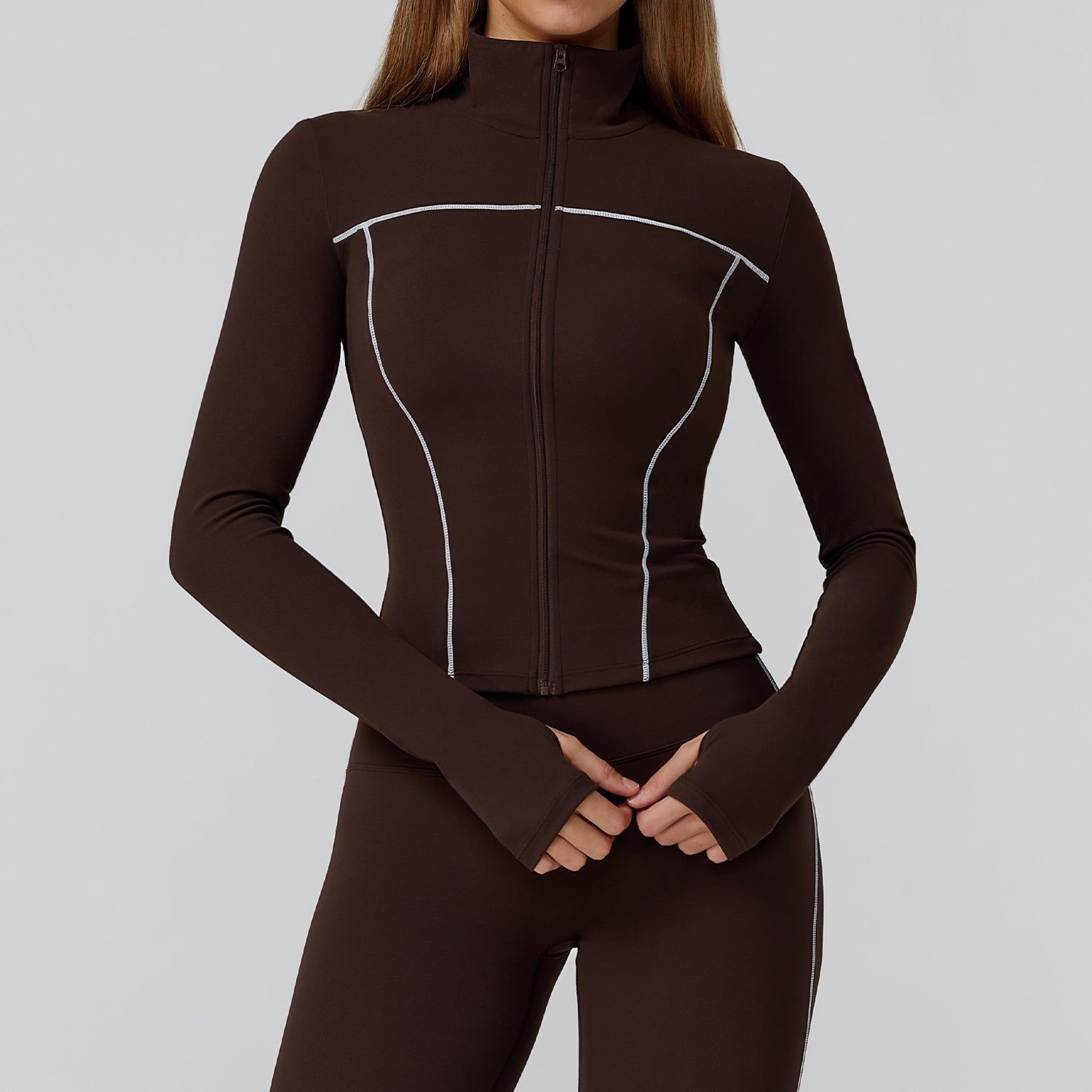 Langry brown zip-up windproof slim jacket with white piping, high collar fashion ملابس