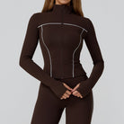 Langry brown zip-up windproof slim jacket with white piping, high collar fashion ملابس