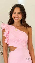 Enchanting slim fit pink one-shoulder dress with ruffle and cutout