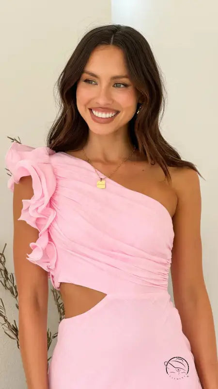 Enchanting slim fit pink one-shoulder dress with ruffle and cutout
