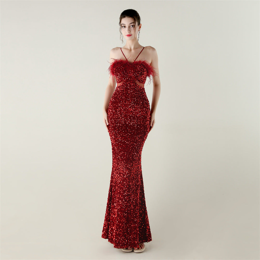 Red sequined mermaid gown in Langry fashion evening dress with ostrich feathers