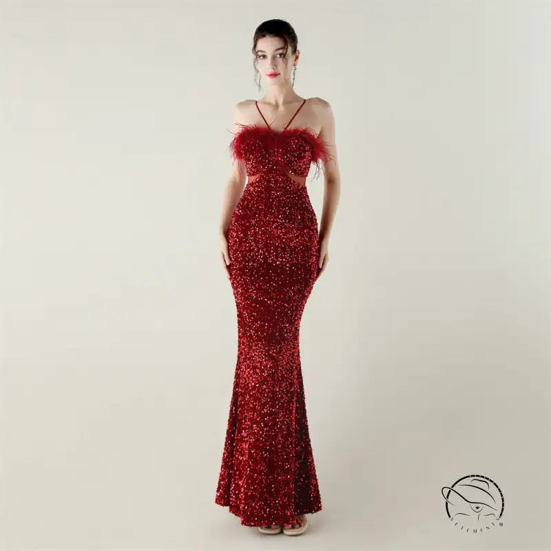 Red sequined mermaid gown with off-shoulder straps, fitted bodice, langry fashion ملابس