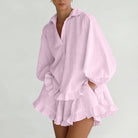 Elegant Puff Sleeve Ruffled Shirt Loose Shorts Two Piece Set