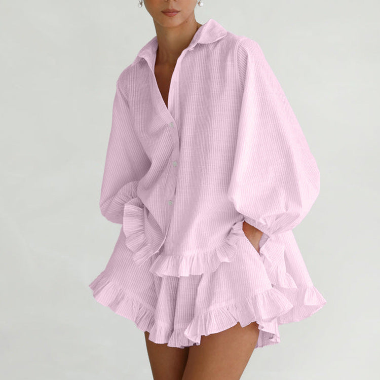 Elegant Puff Sleeve Ruffled Shirt Loose Shorts Two Piece Set