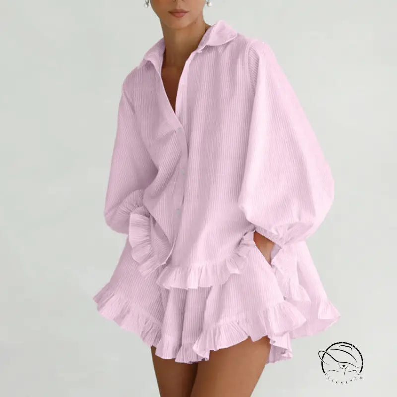 Elegant Puff Sleeve Ruffled Shirt Loose Shorts Two Piece Set