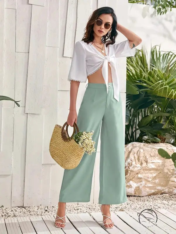 Women’s white tie-front crop top with fresh comfort wide leg pants