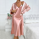 Ice silk rose gold satin robe with black trim and slip dress by Langry fashion