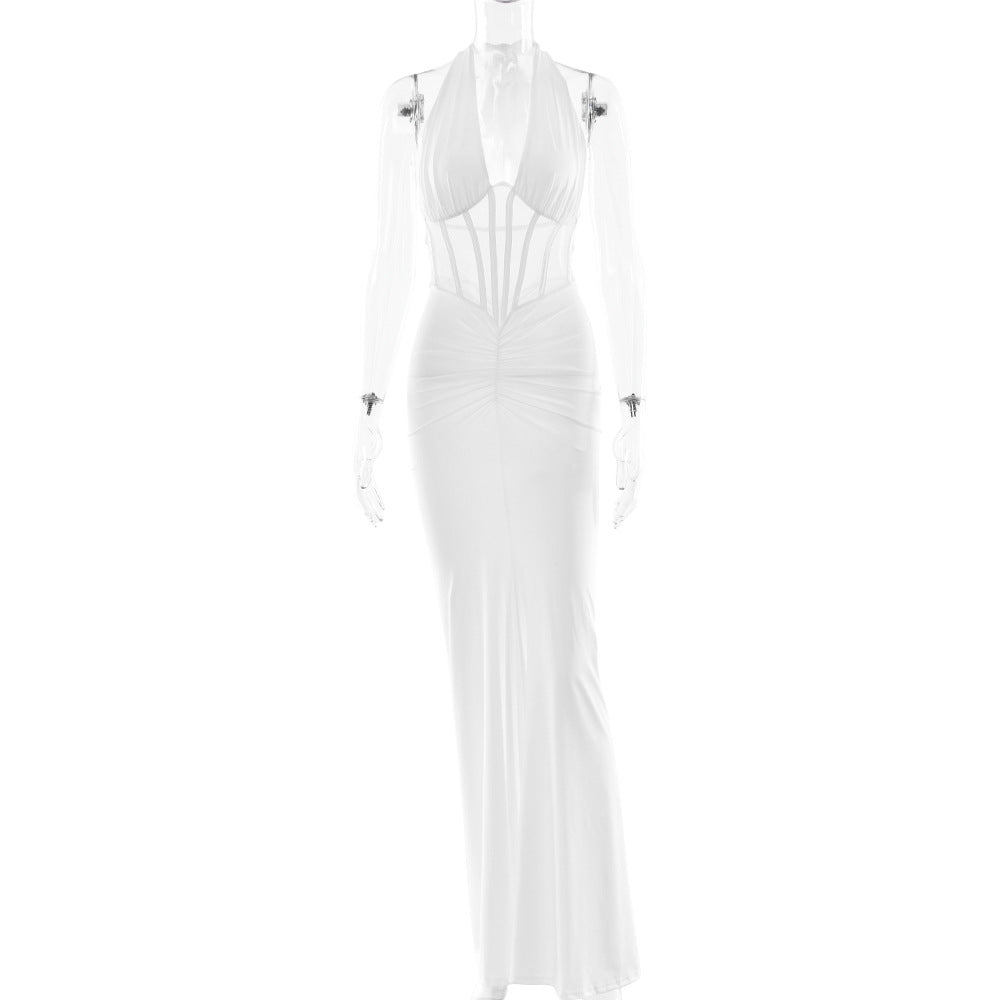 Elegant white langry fashion maxi sheath dress with halter neck, cutouts, and high slit