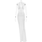 Elegant white langry fashion maxi sheath dress with halter neck, cutouts, and high slit