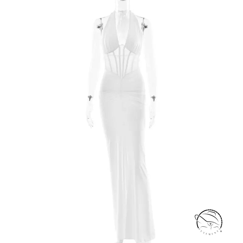 Elegant white langry maxi sheath dress with halter neck, cutouts and high slit