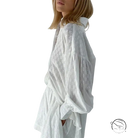 White sheer blouse in French jacquard pajamas set with embroidered details