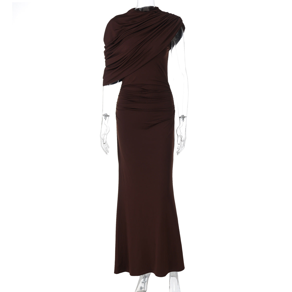 Enchanting design skinny sheath pleated brown one-shoulder gown