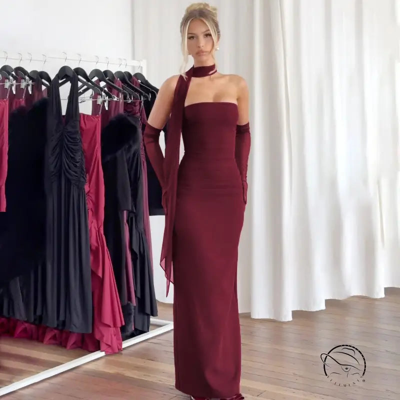 Burgundy strapless langry fashion gown with gloves and scarf