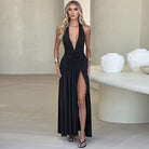 Elegant black halter maxi dress showcasing fashion-forward design and pleated back for langry