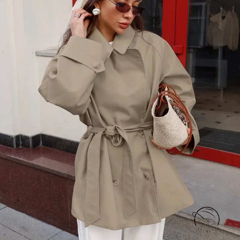 Beige langry fashion trench coat with belt for cozy mid-length style