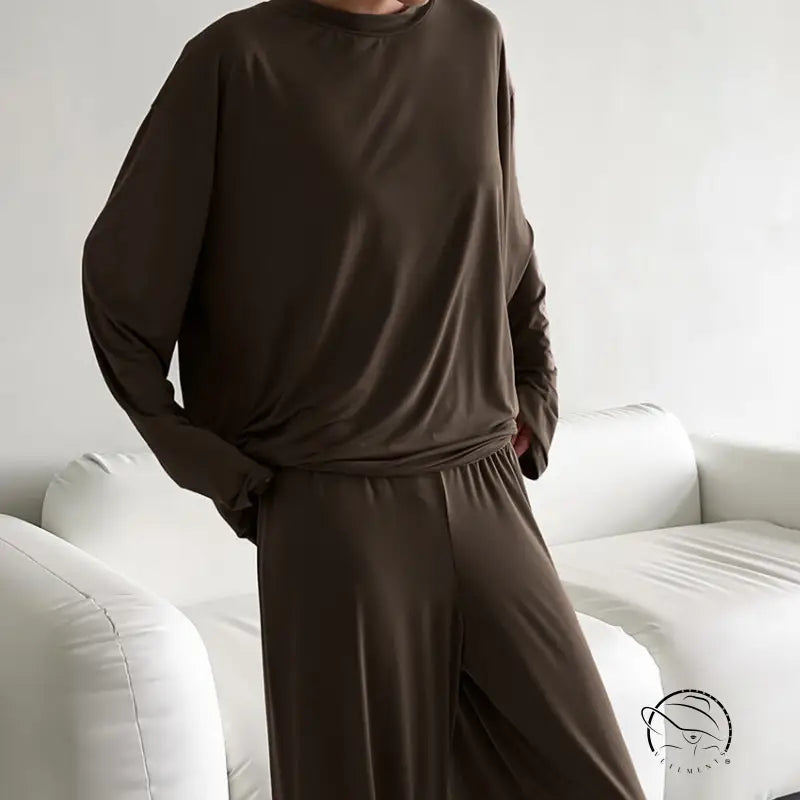 Round neck knitted long sleeve solid brown pajama set with wide-leg pants