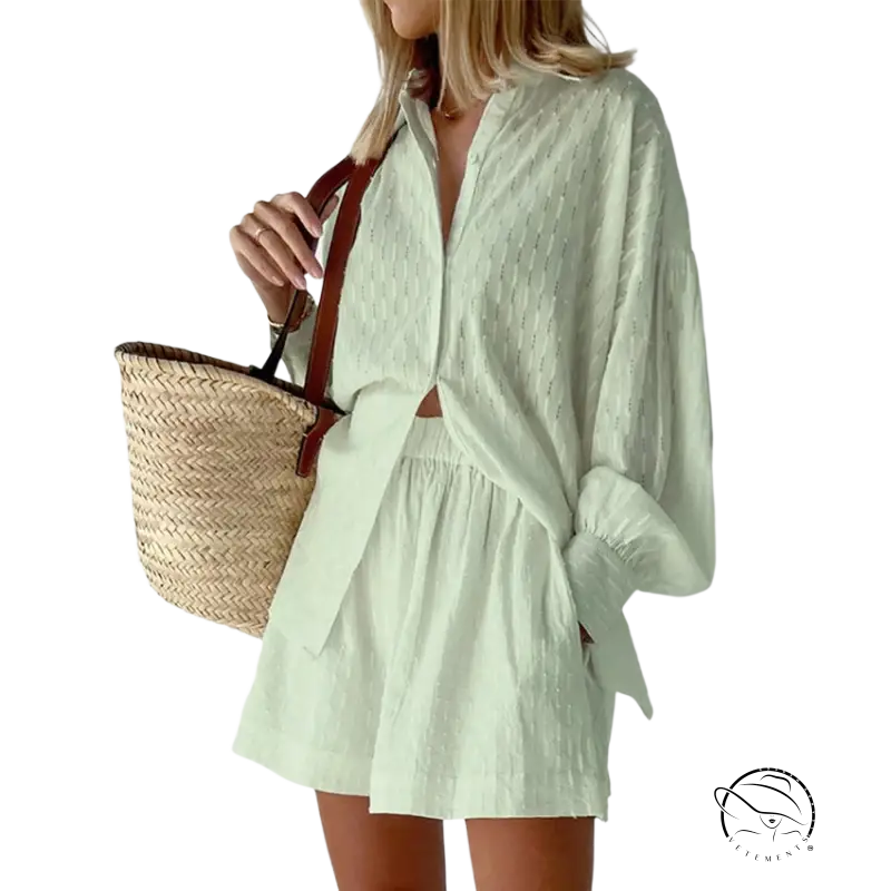 Light green textured linen shirt dress in French jacquard pajamas set