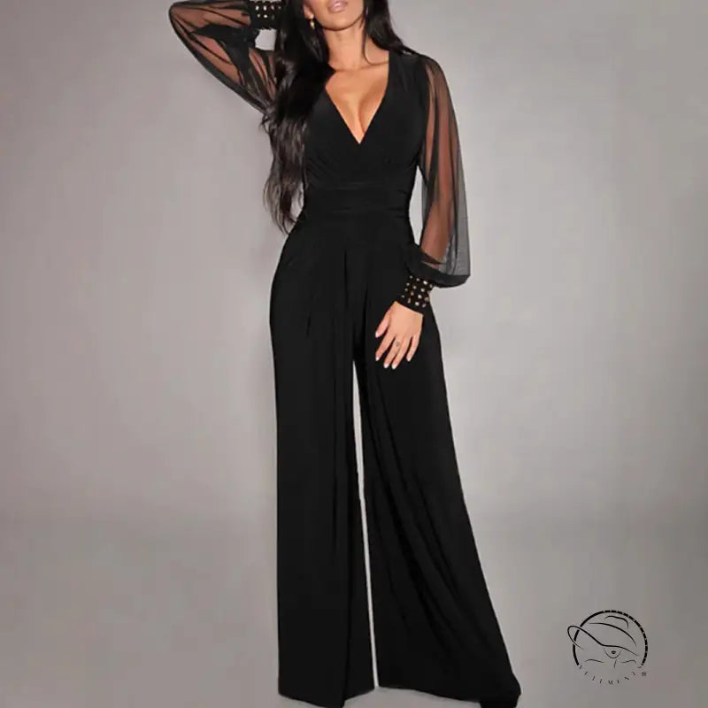 Black wide-leg enchanting loose jumpsuit with sheer long sleeves and embellished cuffs in langry fashion