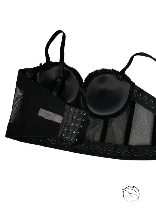 Black lace bra with mesh grommets in Beautiful Mesh Pleated Boning Corset lingerie fashion