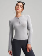 Gray ribbed langry fashion henley top with button neckline