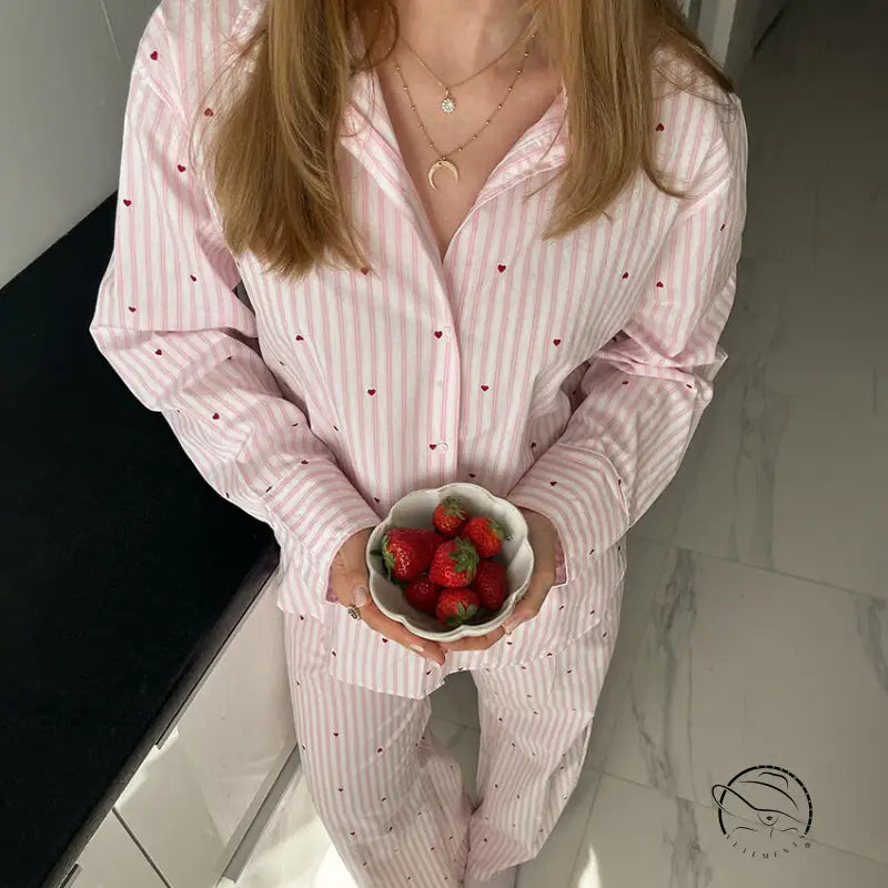 Pink and white striped langry pajama set with red polka dots