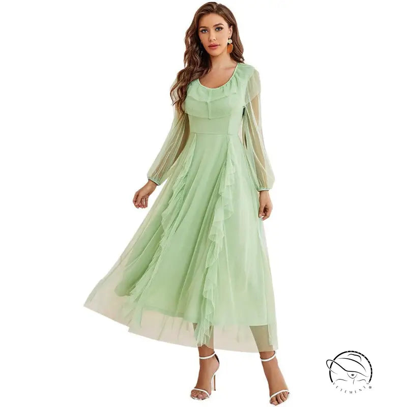 Gorgeous high-waist voile A-line dress in mint green with sheer long sleeves and ruffles