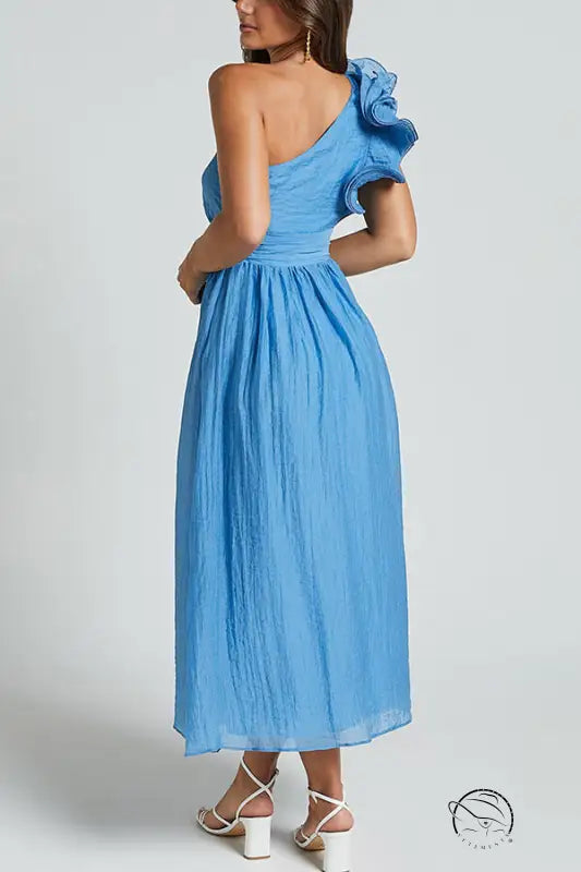 Stunning backless light blue one-shoulder midi dress with ruffles