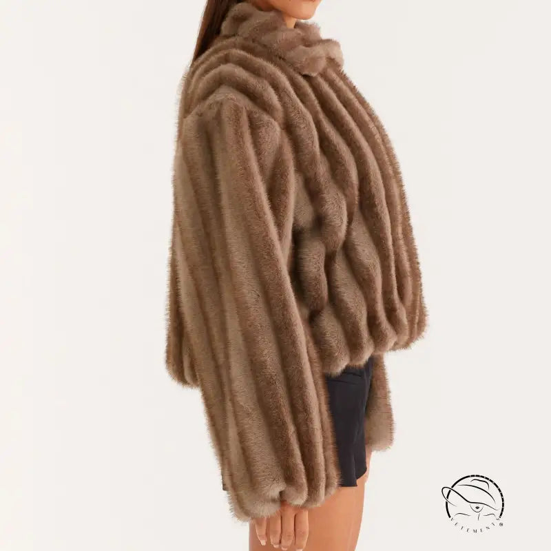 Langry beige faux fur oversized hooded coat with ribbed texture