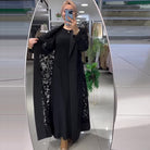 Black floral embroidered abaya trench coat with long sleeves and open front