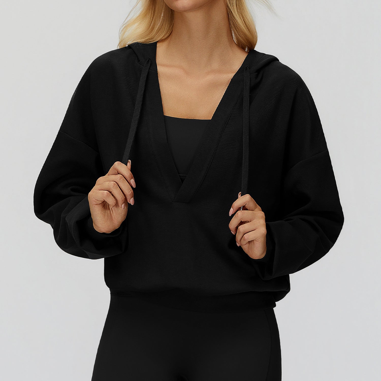 Langry fashion loose comfortable exercise coat in black hoodie with balloon sleeves and square neckline
