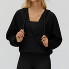 Langry fashion loose comfortable exercise coat in black hoodie with balloon sleeves and square neckline