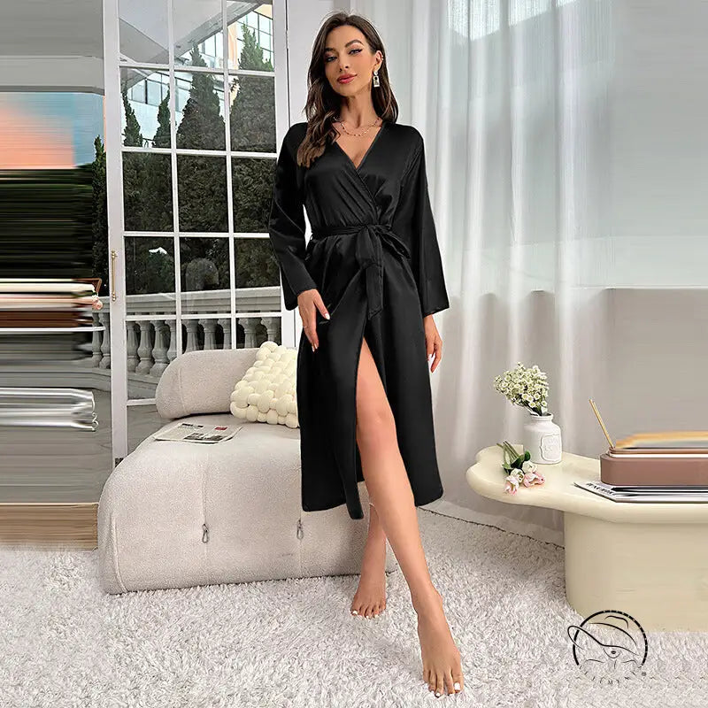 Black satin langry wrap dress with high slit and long sleeves