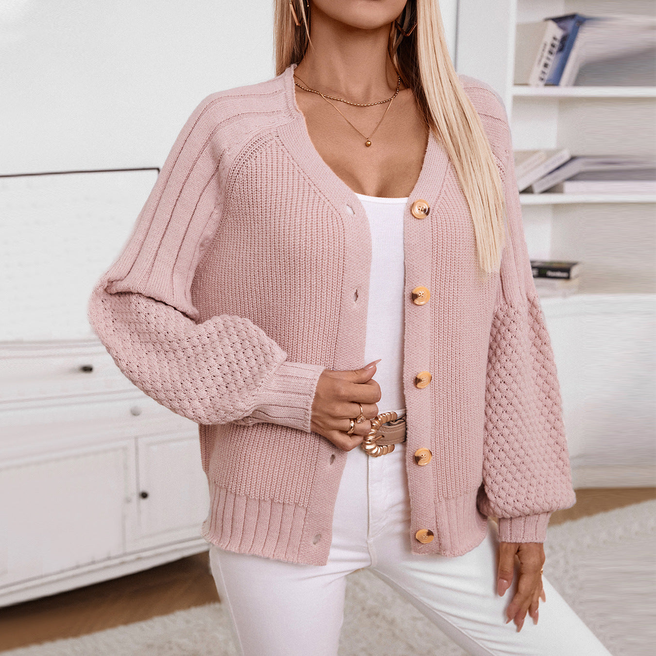 Pink knitted cardigan casual loose with lantern sleeves for a relaxed style