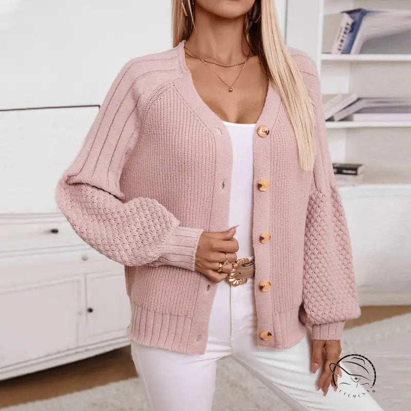 Pink knitted cardigan casual loose lantern sleeve sweater with balloon sleeves