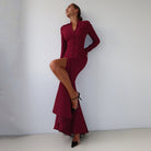 Elegant merlot langry autumn fashion dress with high waist slit